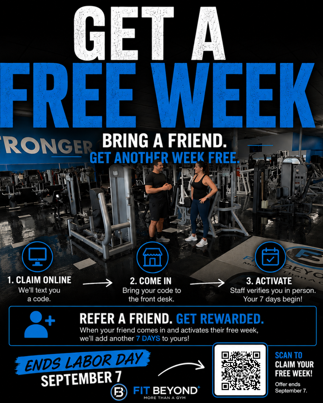 FIT Beyond Plus End of Summer free week promotion — bring a friend, get another week free, ends Labor Day September 7